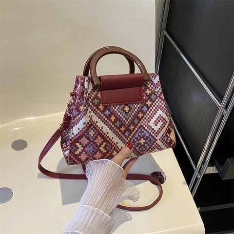 Ethnische Leinwand Gewebte Handtasche Mit Holzgriff Für Damen Vintage Geometrisches Muster Schulter Umhängetasche 2-Teiliges Set