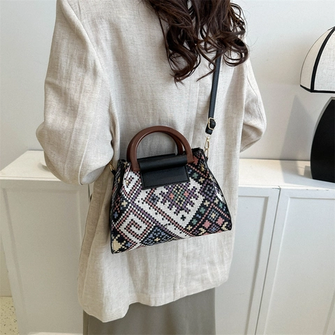 Women Vintage Ethnic Woven Shoulder Bag With Wooden Handle Geometric Pattern PU Leather Crossbody Small Square Bag