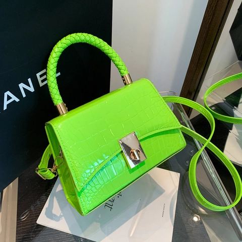 Women Crocodile Embossed PU Leather Small Square Bag With Woven Handle Metal Twist Lock Detachable Strap Handbag