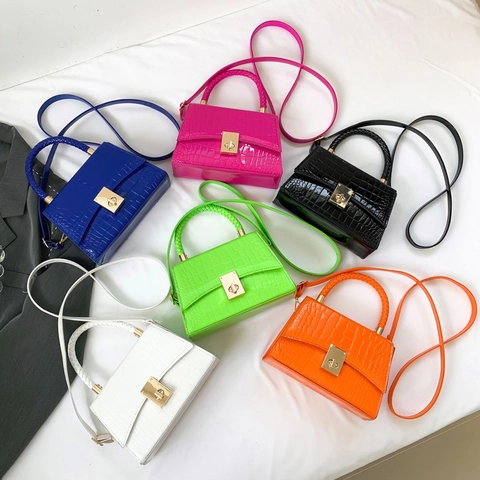 Women Crocodile Embossed PU Leather Small Square Bag With Woven Handle Metal Twist Lock Detachable Strap Handbag