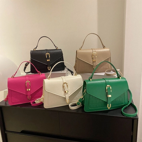 Trendy Crocodile Pattern PU Leather Small Square Bag For Women Vintage Texture Shoulder Crossbody Handbag With Golden Buckle