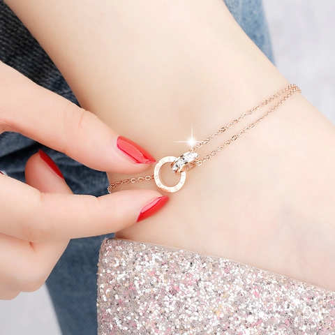 Romeinse Cijfers Dubbele Ring Titanium Stalen Enkelband Met Zirkoon Roségoud Verguld Mode Voet Sieraden Voor Dames