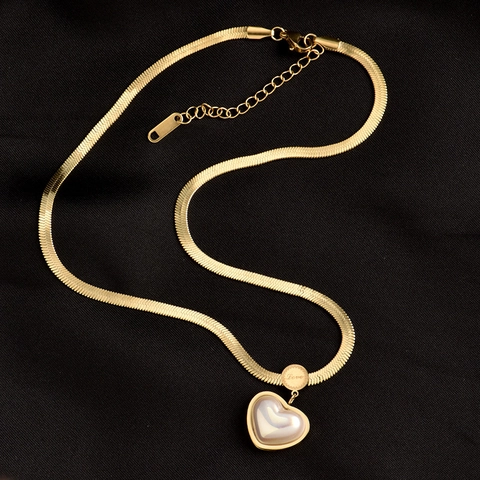 Gold Plated Heart Pendant Necklace Stainless Steel Herringbone Snake Chain Shell Inlay Love Engraved For Women