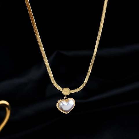 Gold Plated Heart Pendant Necklace Stainless Steel Herringbone Snake Chain Shell Inlay Love Engraved For Women