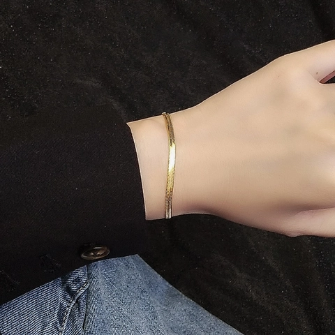 Flat Herringbone Snake Chain Anklet Bracelet Stainless Steel 18K Gold Plated Adjustable Minimalist Jewelry For Women