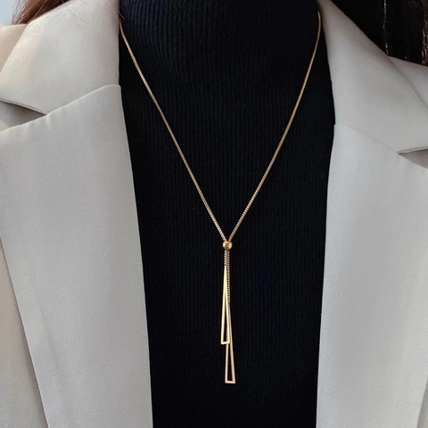 Minimalist Stainless Steel Triangle Lariat Necklace For Women Adjustable Long Geometric Pendant Y-Necklace Gold Rose Gold Silver Jewelry