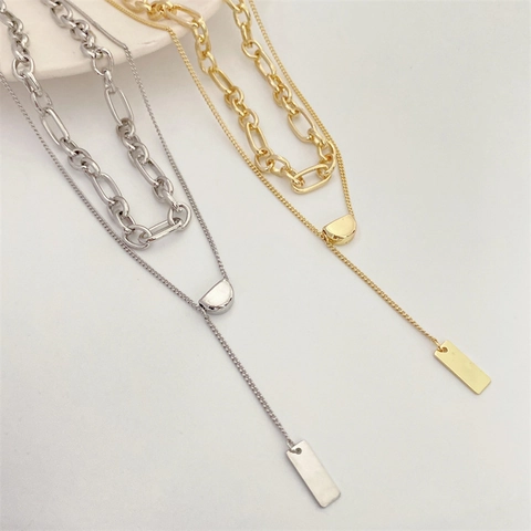 Layered Halskette Edelstahl Bohnenschieber Rechteckiger Anhänger Büroklammer Gliederkette Minimalistischer Trendschmuck Für Damen