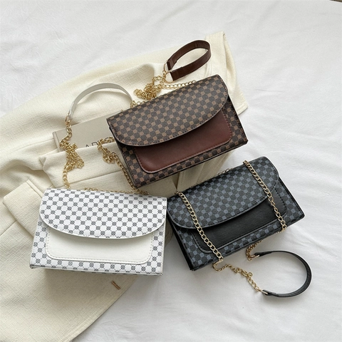 Bolso de Hombro de Cuero PU Vintage con Estampado Geométrico Bolso de Mensajero Cuadrado Pequeño con Cadena de Color en Contraste para Mujer Trabajo Diario