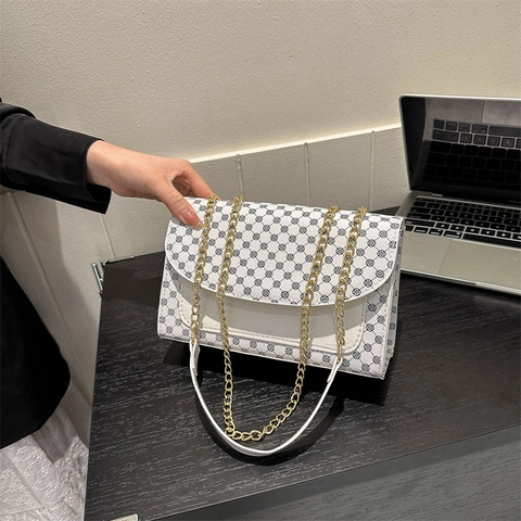 Bolso de Hombro de Cuero PU Vintage con Estampado Geométrico Bolso de Mensajero Cuadrado Pequeño con Cadena de Color en Contraste para Mujer Trabajo Diario