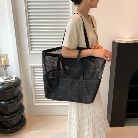 Bolso Tote de Malla de Gran Capacidad para Mujer Minimalista Transpirable de Hombro Bolso de Compras Ligero de Playa Viaje