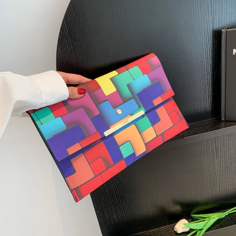 Multicolor Geometrische Blöcke Damen Umschlag Clutch Mode PU Leder Handtasche Mit Goldenem Metallschloss Pop Art Stil Party Tasche