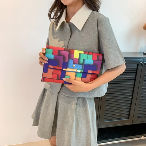 Multicolor Geometrische Blöcke Damen Umschlag Clutch Mode PU Leder Handtasche Mit Goldenem Metallschloss Pop Art Stil Party Tasche