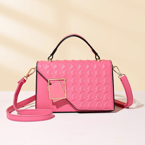 Vrouwen Mode PU Leer Schoudertas Geometrisch Gematteerd Kleine Vierkante Handtas Gouden Metalen Sluiting Crossbody Tas