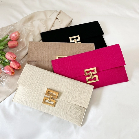 Damen Umschlag Clutch Tasche Krokodilprägung Kunstleder Goldener Metallverschluss Mode Handtasche Elegant Vielseitig