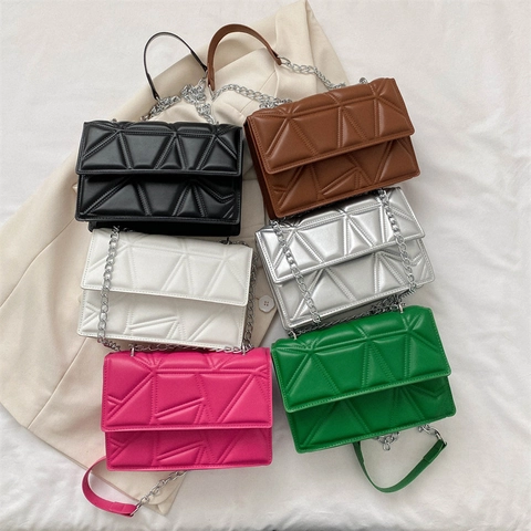 Women Geometric Triangle Quilted PU Leather Shoulder Bag With Silver Chain Strap Small Square Crossbody Bag For Daily Commute
