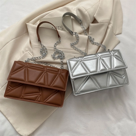 Women Geometric Triangle Quilted PU Leather Shoulder Bag With Silver Chain Strap Small Square Crossbody Bag For Daily Commute