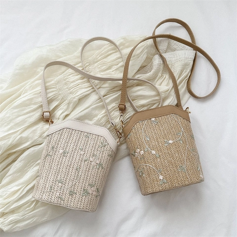 Dames Stro Geweven Emmer Tas Bloemen Borduurwerk Zomer Strand Crossbody Schoudertas Handtas PU Lederen Riem Casual Pastoraal