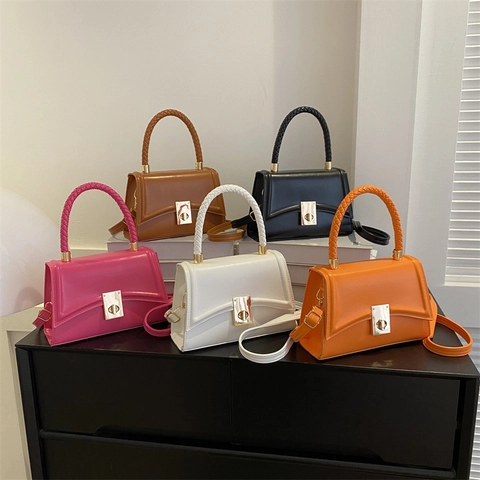 Women PU Leather Shoulder Crossbody Bag Woven Handle Golden Twist Lock Small Square Trapezoid Handbag Versatile Elegant