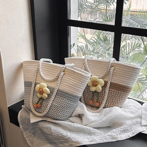 Borsa a Secchiello Intrecciata Stile Francese per Donna in Corda di Cotone a Contrasto a Spalla Con Ciondolo a Fiore Borsa da Spiaggia