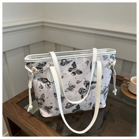 Bolso Tote De Gran Capacidad Con Estampado De Mariposas Cuero PU Cordón Bolso De Hombro Casual Moda Para Mujer