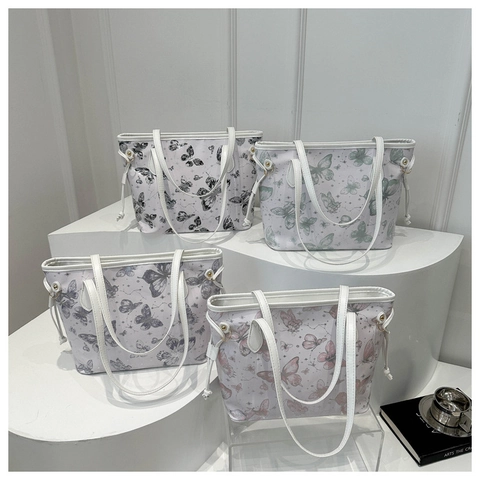 Bolso Tote De Gran Capacidad Con Estampado De Mariposas Cuero PU Cordón Bolso De Hombro Casual Moda Para Mujer