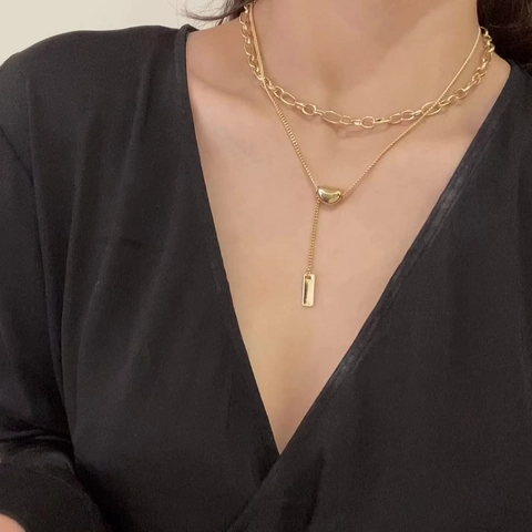 Layered Halskette Edelstahl Bohnenschieber Rechteckiger Anhänger Büroklammer Gliederkette Minimalistischer Trendschmuck Für Damen