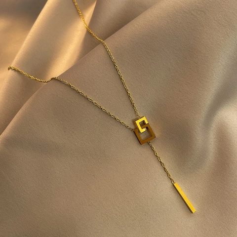 Collana A Y Con Quadrati Geometrici Intrecciati Acciaio Al Titanio Pendente A Barra Verticale Catena Clavicola Minimalista Donna