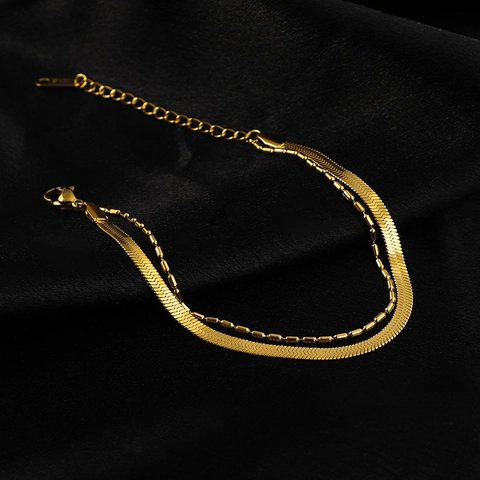 Double Layer Snake Chain Bracelet Stainless Steel Gold Plated Herringbone Bead Chain Adjustable Minimalist Jewelry For Women