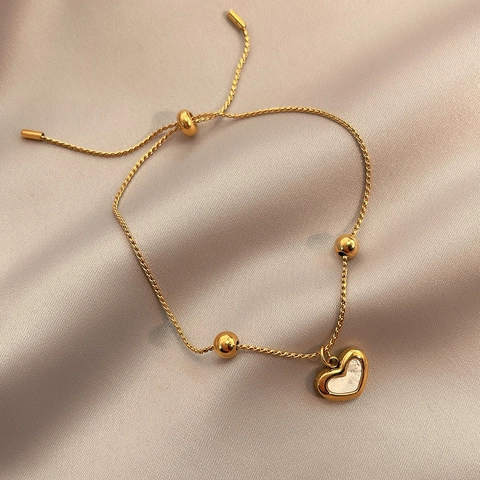 Korean Minimalist Heart Pendant Bracelet For Women Gold Plated Titanium Steel Adjustable Slider Chain Shell Inlay Jewelry