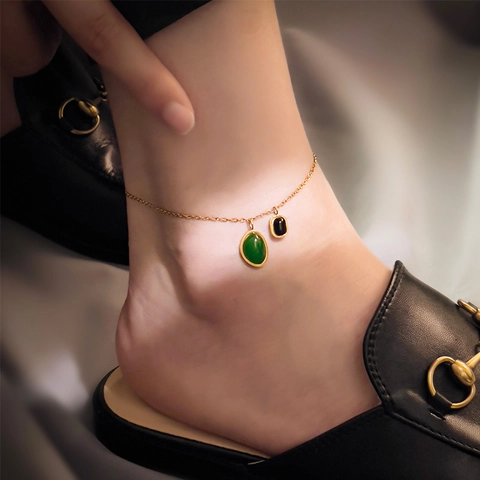 Cavigliera Con Doppio Pendente Vintage Donna Agata Verde Nera Acciaio Inossidabile Placcato Oro Elegante Gioielli Piede