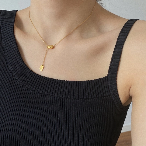 Titanstahl Halskette Mit Bohnenperle Und Lucky Anhänger Y-Form Lariat Quaste Minimalistischer Schmuck Für Damen