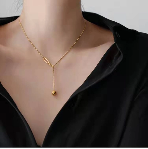 Retro Stainless Steel Necklace Gold Plating Minimalist Bead Chain Paperclip Link Solid Round Bead Pendant For Women