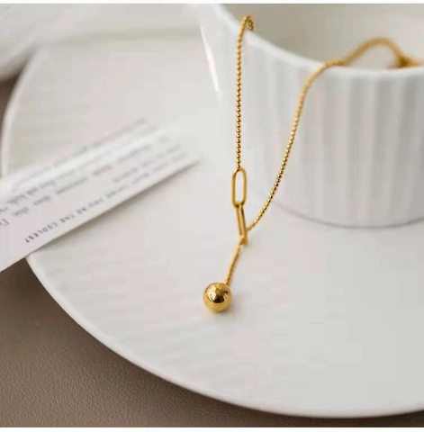 Retro Stainless Steel Necklace Gold Plating Minimalist Bead Chain Paperclip Link Solid Round Bead Pendant For Women
