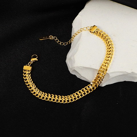 Bracciale Intrecciato Spesso Retrò Acciaio Al Titanio Placcato Oro 18K Catena Di Grano Regolabile Per Donna Gioielli