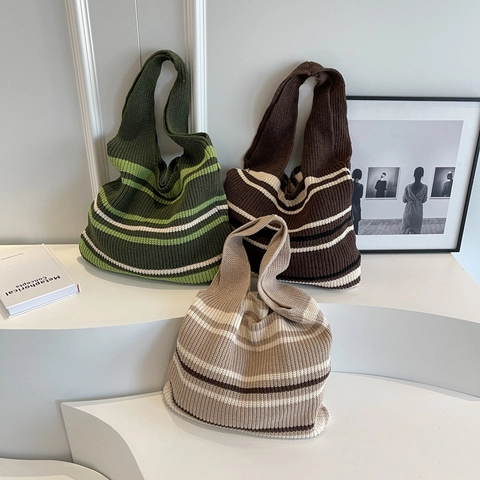 Bolso Tote De Punto A Rayas Para Mujer Gran Capacidad Color De Contraste Vintage Bolso De Hombro Casual Para Uso Diario