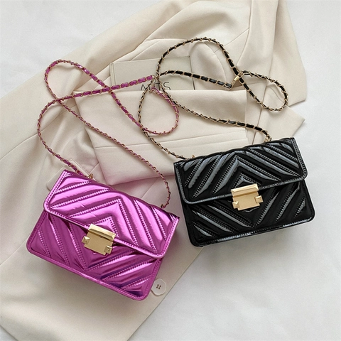 Women Patent Leather Metallic Gloss Quilted Shoulder Bag PU Chain Strap Small Square Crossbody Bag With Lock Closure