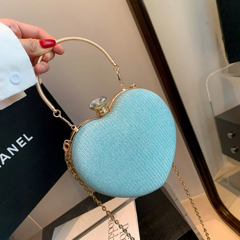Women Heart Shaped Evening Bag Glitter Sequin Clutch Purse Metal Handle Chain Crossbody Bag Wedding Party Prom Bag
