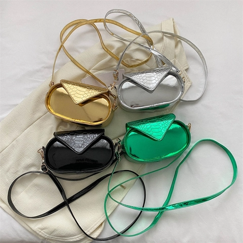 Bolso Bandolera Ovalado Mujeres Cuero PU Metálico Patrón Cocodrilo Acabado Espejo Bolso De Hombro Para Niñas