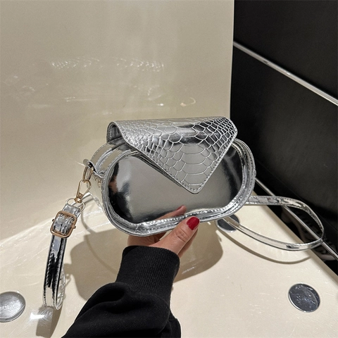 Bolso Bandolera Ovalado Mujeres Cuero PU Metálico Patrón Cocodrilo Acabado Espejo Bolso De Hombro Para Niñas