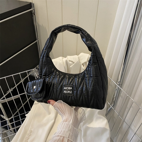 Quilted PU Leather Ruched Hobo Bag For Women Chic Underarm Shoulder Bag With Mini Pouch Versatile Urban Style