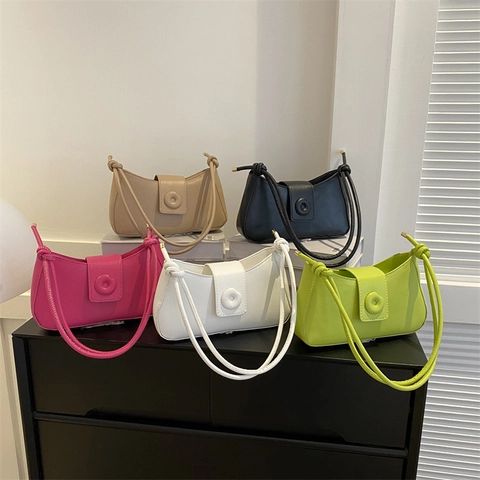 Borsa Sottobraccio in Pelle PU da Donna Minimalista Fibbia Rotonda Piccola Borsa a Tracolla Quadrata con Nodo Tinta Unita