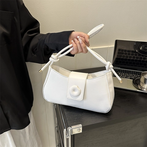 Underarm Shoulder Bag For Women PU Leather Minimalist Knotted Strap Flap Round Button Decor Casual Elegant Baguette
