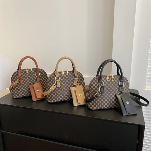 Dames Vintage Monogram Schelptas Set PU Leer Geometrische Print Handtas Met Kleine Tas Verstelbare Schoudertas Dagelijks