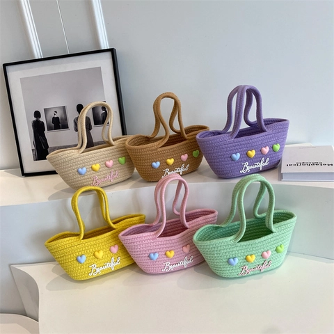 Vrouwen Franse Touw Gevlochten Emmer Tas Lief Kleurrijk 3D Hart Borduurwerk Casual Vakantie Handtas Schoudertas Strandtas