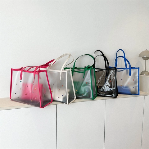 Women Transparent PVC Jelly Tote Bag With Colorful Rhinestone Decoration And Inner Pouch Waterproof Large Shoulder Bag