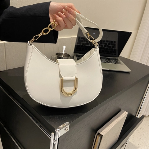 Women Fashion PU Leather Half Moon Shoulder Bag Gold Metal Buckle Chain Strap French Style Hobo Underarm Bag Elegant Bag