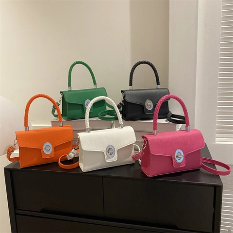 Borsa Da Donna In Pelle PU Con Motivo Litchi Manico Intrecciato Serratura Ruotante In Metallo Tracolla Versatile Borsa Quotidiana