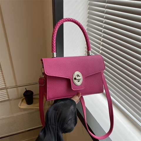 Borsa Da Donna In Pelle PU Con Motivo Litchi Manico Intrecciato Serratura Ruotante In Metallo Tracolla Versatile Borsa Quotidiana