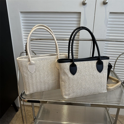 Summer Straw Woven Tote Bag For Women Contrast Color Bucket Shoulder Bag Minimalist Pastoral Style Beach Vacation Bag