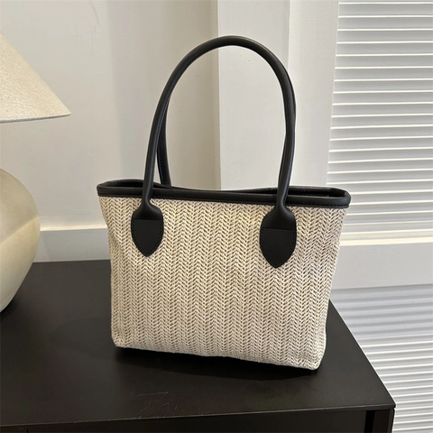 Summer Straw Woven Tote Bag For Women Contrast Color Bucket Shoulder Bag Minimalist Pastoral Style Beach Vacation Bag